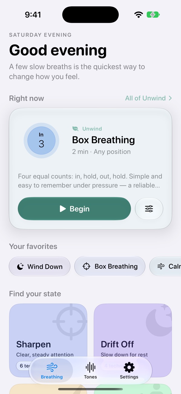 Cranial's home screen suggesting Box Breathing for this evening
