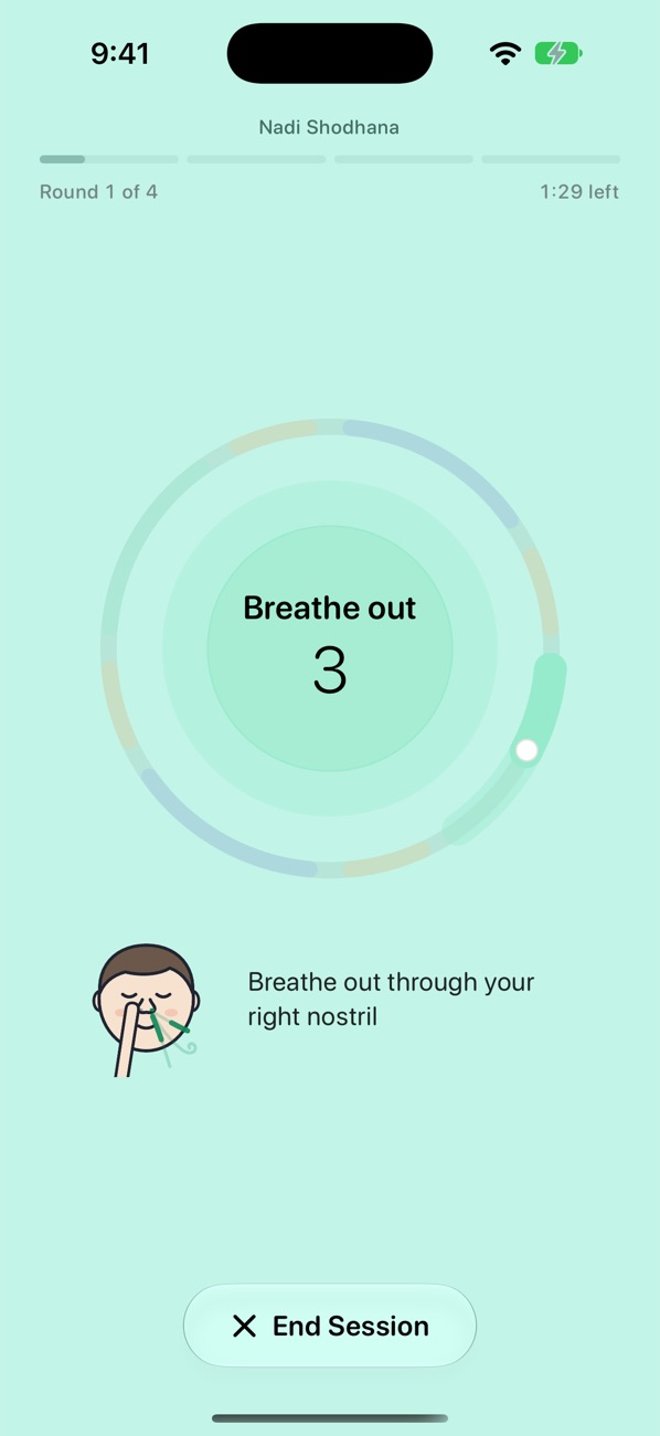 A Nadi Shodhana session: the ring, the orb counting down, and a drawing of breathing out through the right nostril