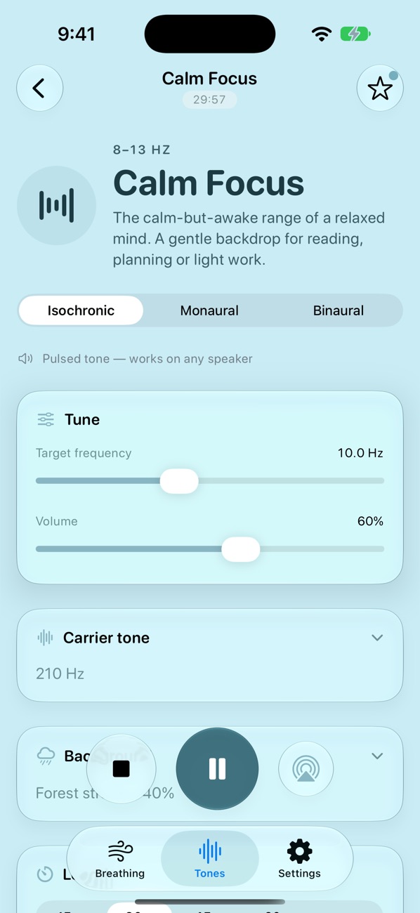The Calm Focus tone playing, with its frequency, volume and background controls